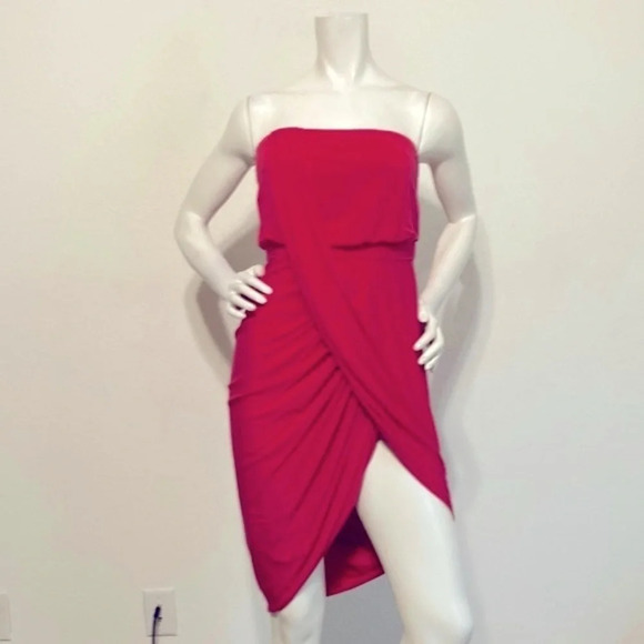 BCBGmaxazria Runway Rose Red Knit Strapless Jersey High Low Drape Dress … - Picture 2 of 7